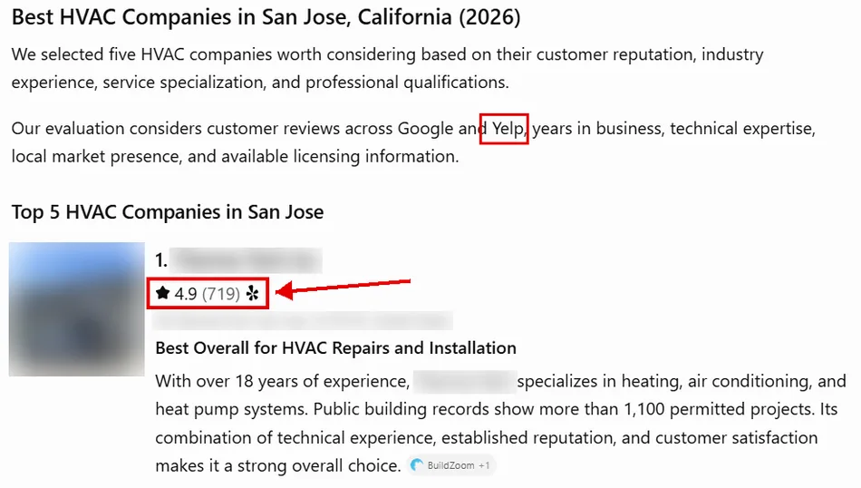 ChatGPT HVAC recommendations showing Yelp ratings