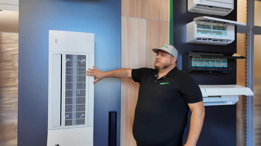 Alex explains ductless cassette units in the Coolman HVAC Supply showroom