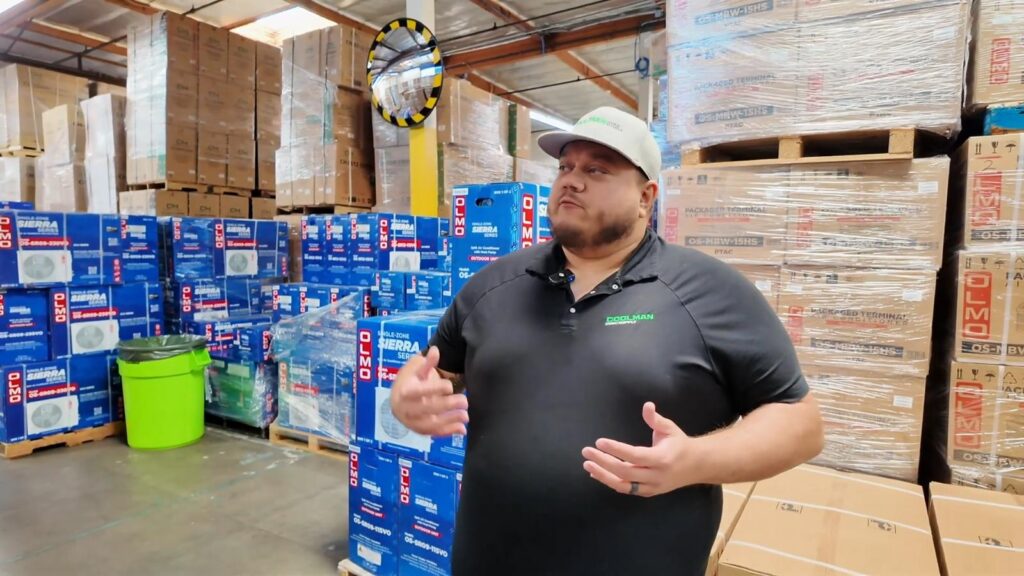 Alex shows HVAC equipment inventory at Coolman HVAC Supply