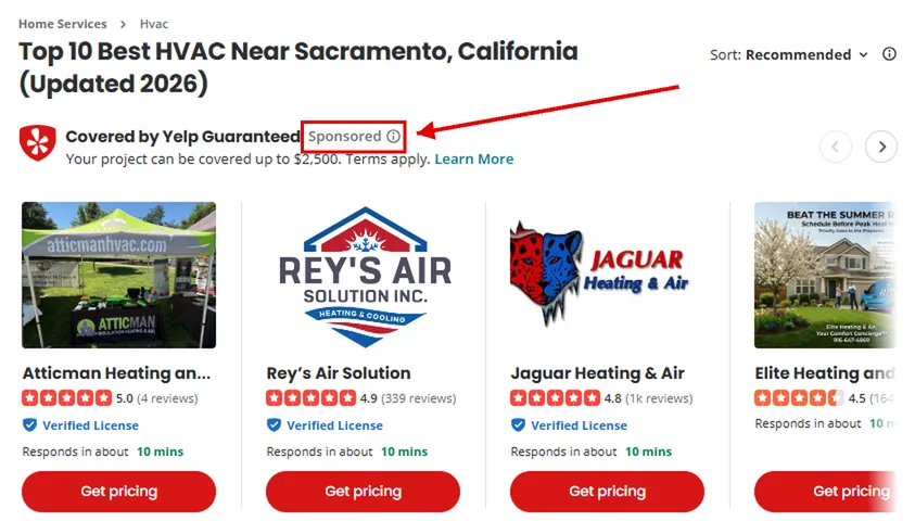 Yelp sponsored results for HVAC contractors in Sacramento