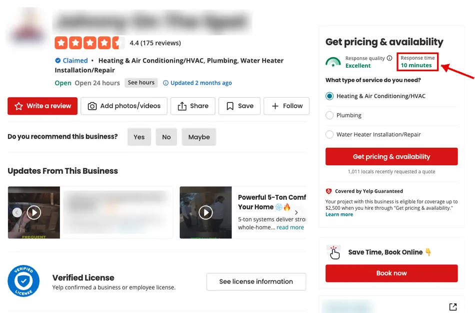 Yelp Business Page showing a 10-minute response time for an HVAC contractor